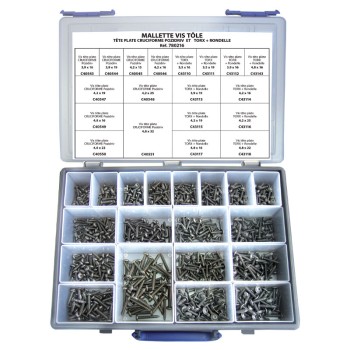Mallette vis à tôle tête plate cruciformes et torx + rondelle 375pcs