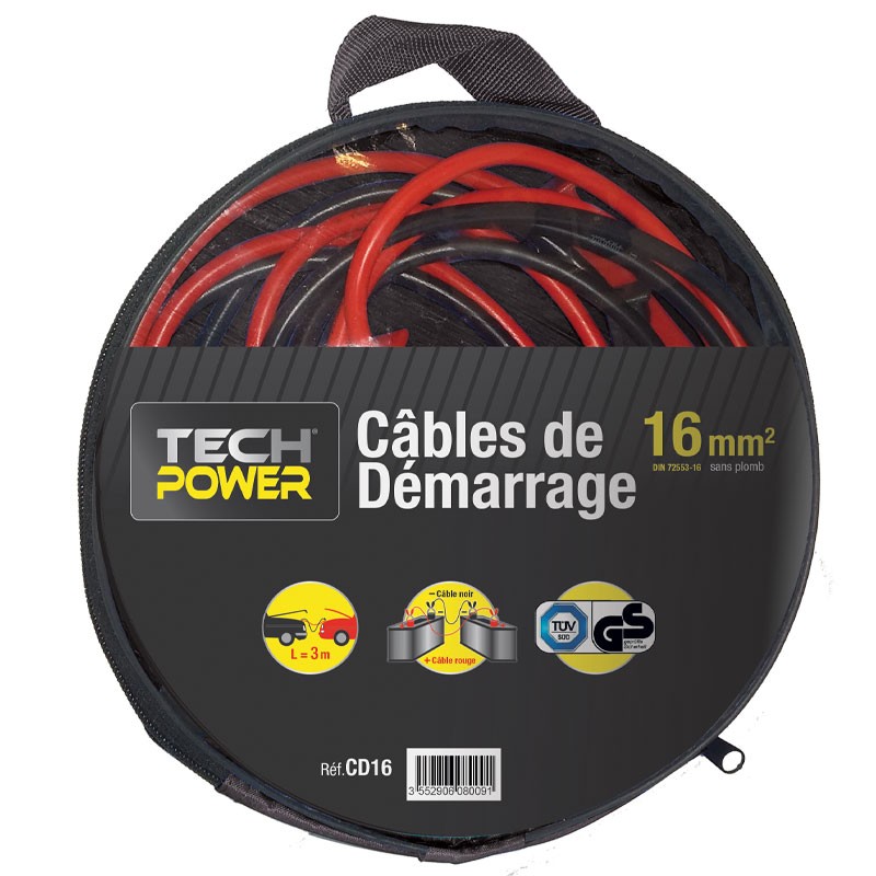 Câbles démarrage 16mm2 200A L: 3.00m TUV/GS