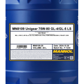 MANNOL 8109 UNIGEAR 75W-80 GL-4/GL-5 LS 20L